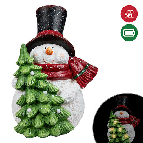 Polyresin Snowman with Battery Operated Lighted Tree, White/Green, 44cm