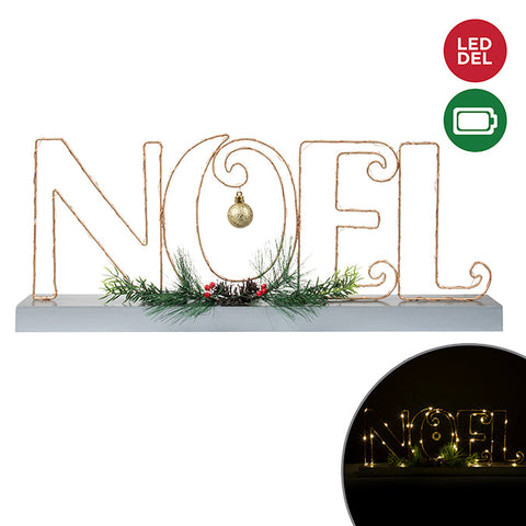 Illuminated table sign "Noel" wood/metal with pine, white 53 x 21.5 cm