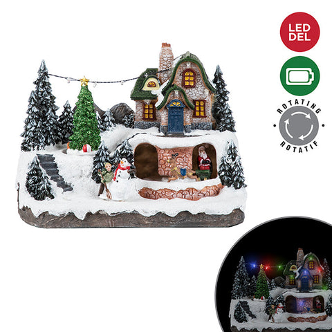 Polyresin village scene with rotating tree and Santa's sleigh, led light b/o 25.5 x 19.5 cm