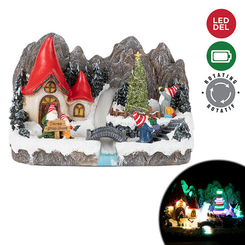 Polyresin gnome village with rotating tree, fiber optic river, led light b/o 25.5 x 15.5 cm