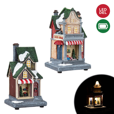 Polyresin gift shop with led light, 3 assorted 9.2 x 14.4 cm