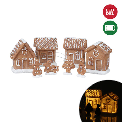 8 pc polyresin gingerbread house set with led light, 4 house/4 figures battery operated