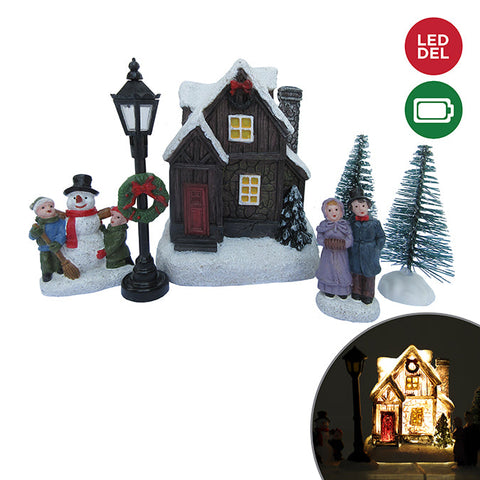 Polyresin village set with house/street lamp/trees/numbers, b/o led light 8 x 9.5 cm