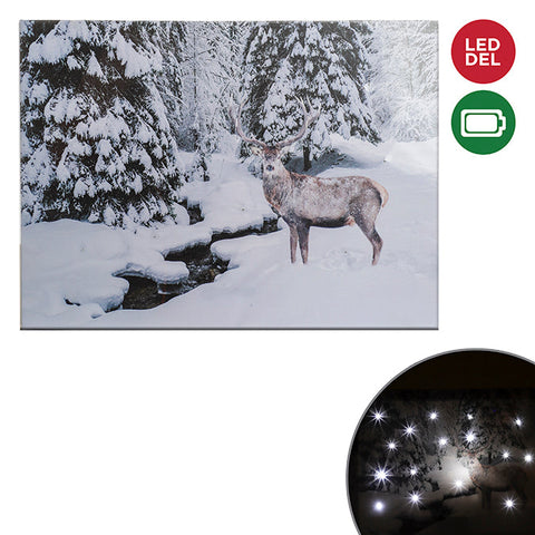 Fiber optic LED light canvas - reindeer in a winter scene, 40cm x 30cm