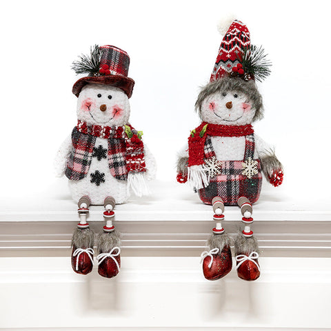 Bonhomme de neige assis en tissu avec pattes pendantes en perles, motif tartan (45 cm)