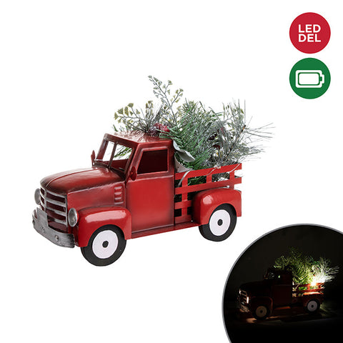 Luminous truck in red metal pine decoration 10 microdot lights, red/green 31 x 20 cm