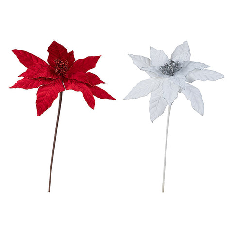 Single head velvet poinsettia 30 x 50cm with glitter stem, (red/white)