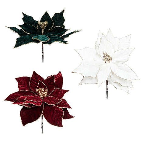 Single head velvet poinsettia 28cm with clip (emerald/burgundy/ivory)