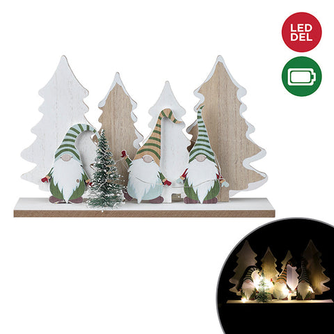 LED lit wooden table top with gnomes in the forest, battery operated, 30 x 18 cm