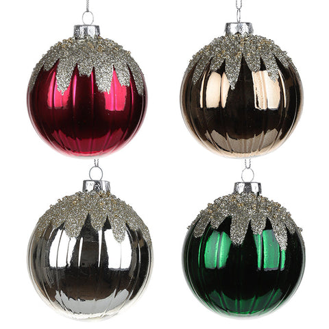 Shiny/glittered glass ball decoration (silver, gold, red, green) (80mm)