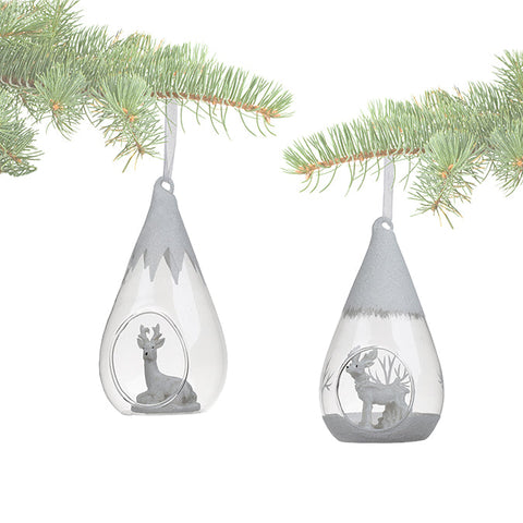 Hanging terrarium in transparent glass with white glitter with reindeer (8x14cm)