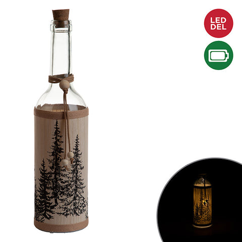 Luminous glass bottle with pinsdecal, painted wood look, warm white, b/o, 30cm