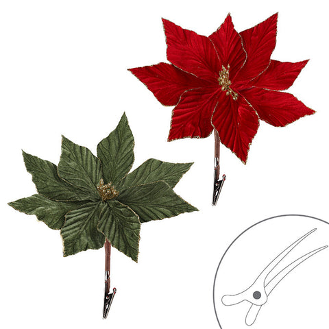 Velvet poinsettia 32 x 5cm with glitter edges on clip, (red/green