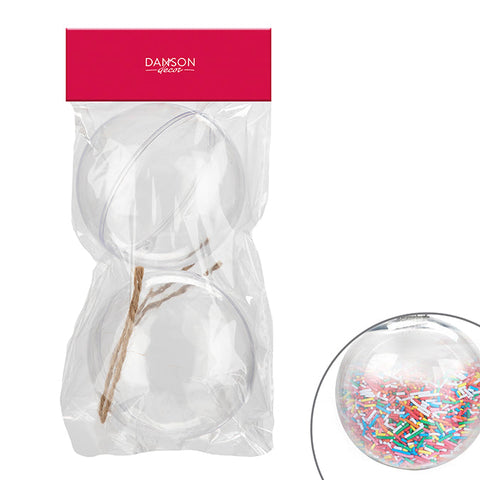 Pack of 2 transparent balls to hang, uncastable, fillable, 80 mm, opening in half