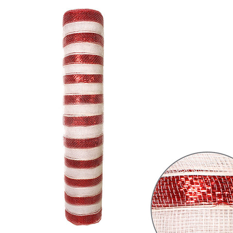 Indoor/Outdoor Decorative Mesh Ribbon 21" x 10' Red with White Stripe