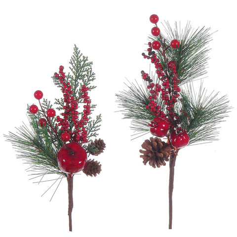 Pine/berry pick 33cm with fruits (green/red)