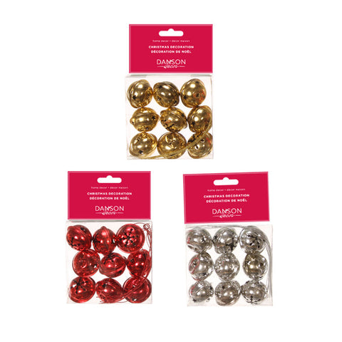 Metal bells 40mm x9 pcs/pack 3 assorted red, gold, silver