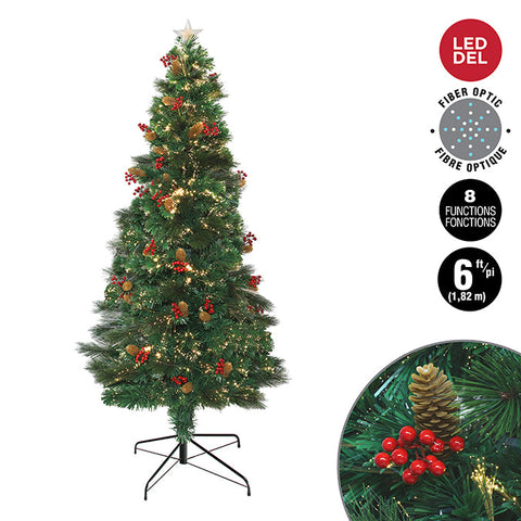 1.8m fiber optic tree with star and pinecone/berries, 8 functions, warm white