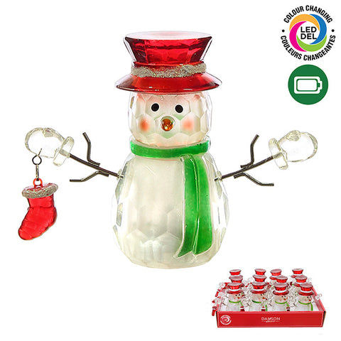 Color changing LED acrylic snowman 8.89cm b/o clear/red/green