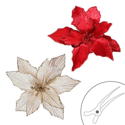 Fabric poinsettia head 20cm on clip, (white/red)